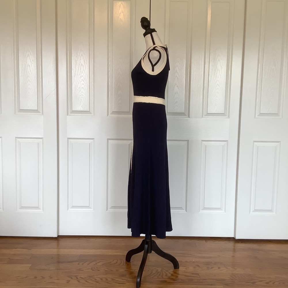 Reiss Lou-Craft Detail Knitted Navy Blue Cream V-Neck Maxi Dress Size M NWT - Picture 3 of 14